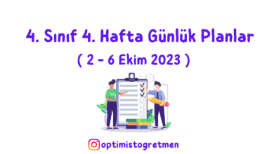 4. Sınıf 4. Hafta Günlük Planları Ve Sınıf Defteri Ders İşleniş Planı